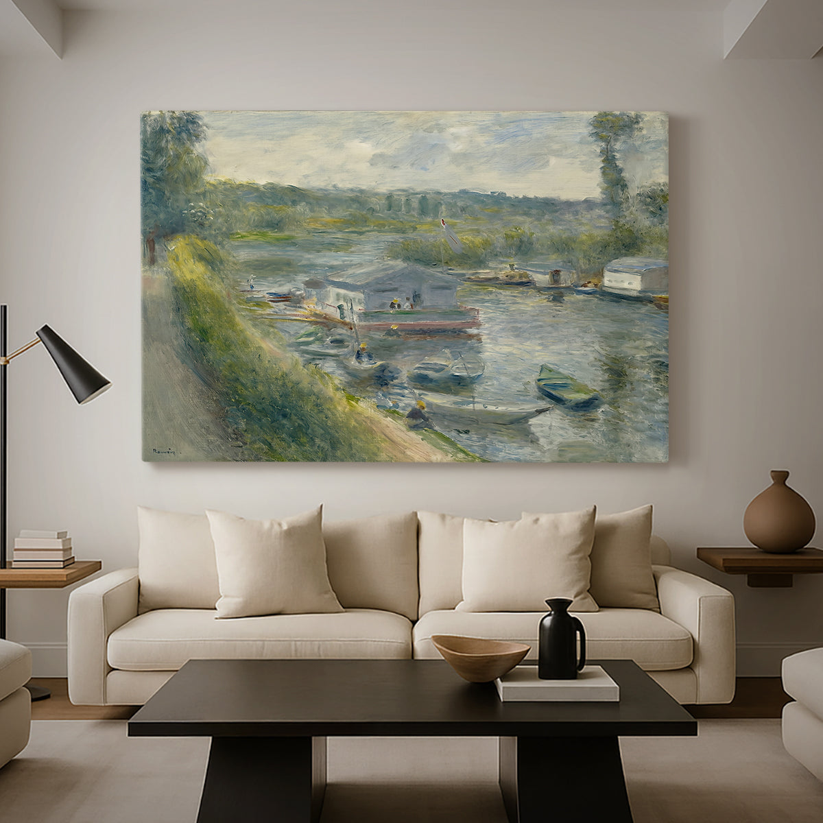 Canvas art print featuring an impressionist depiction of working boat along calm waterway, displayed in a spacious living room