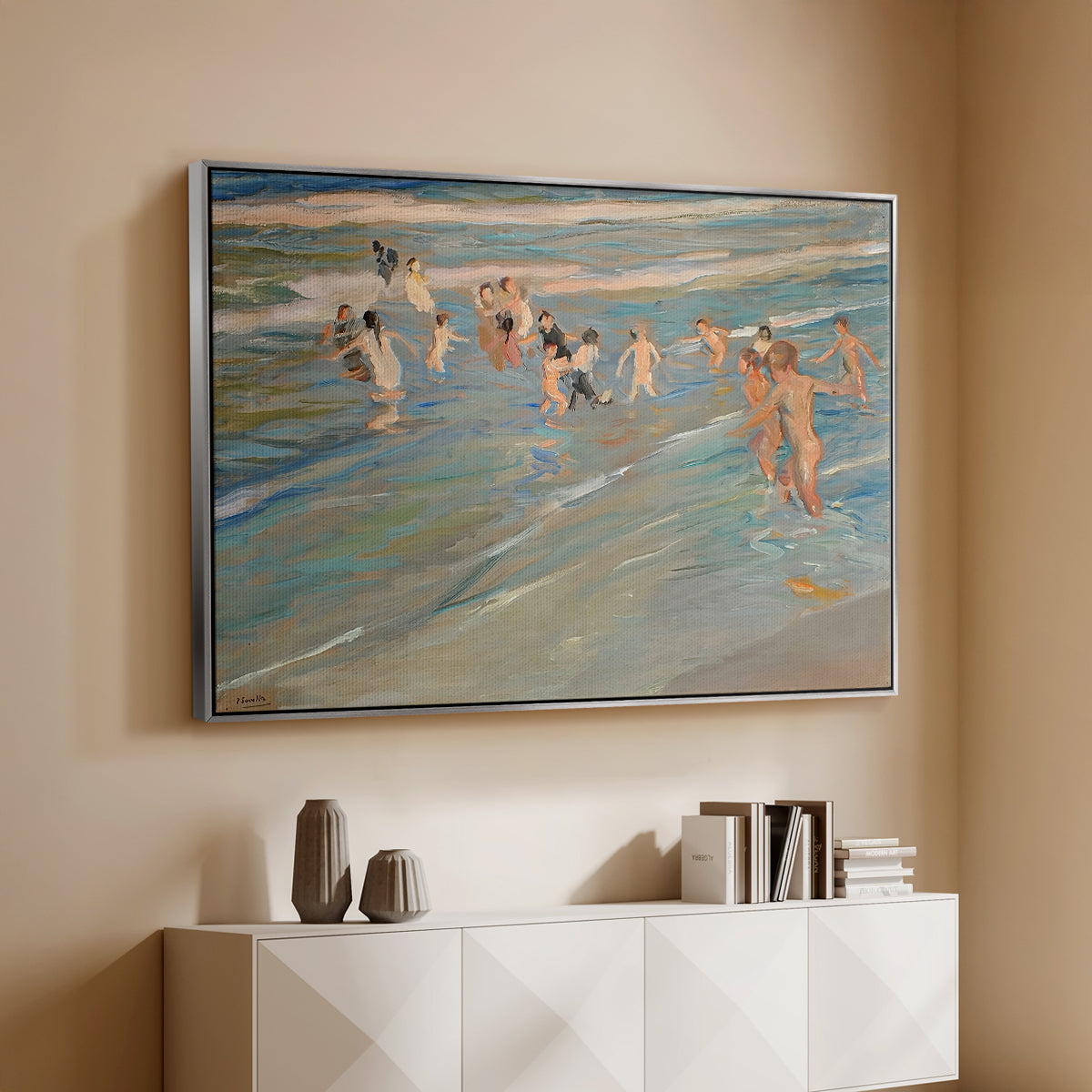 Children Playing on the Beach in Valencia, c. 1908 - Floater Framed Canvas Print