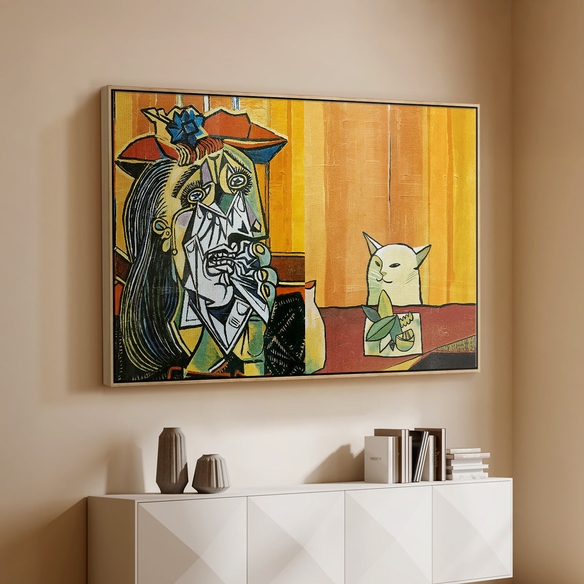 Woman Yelling at a Cat Meme (Picasso Parody) - Floater Framed Canvas Print