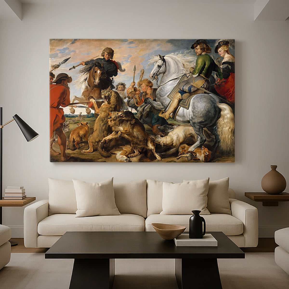Canvas art print featuring a Baroque action scene with hunters and animals, displayed in a spacious living room