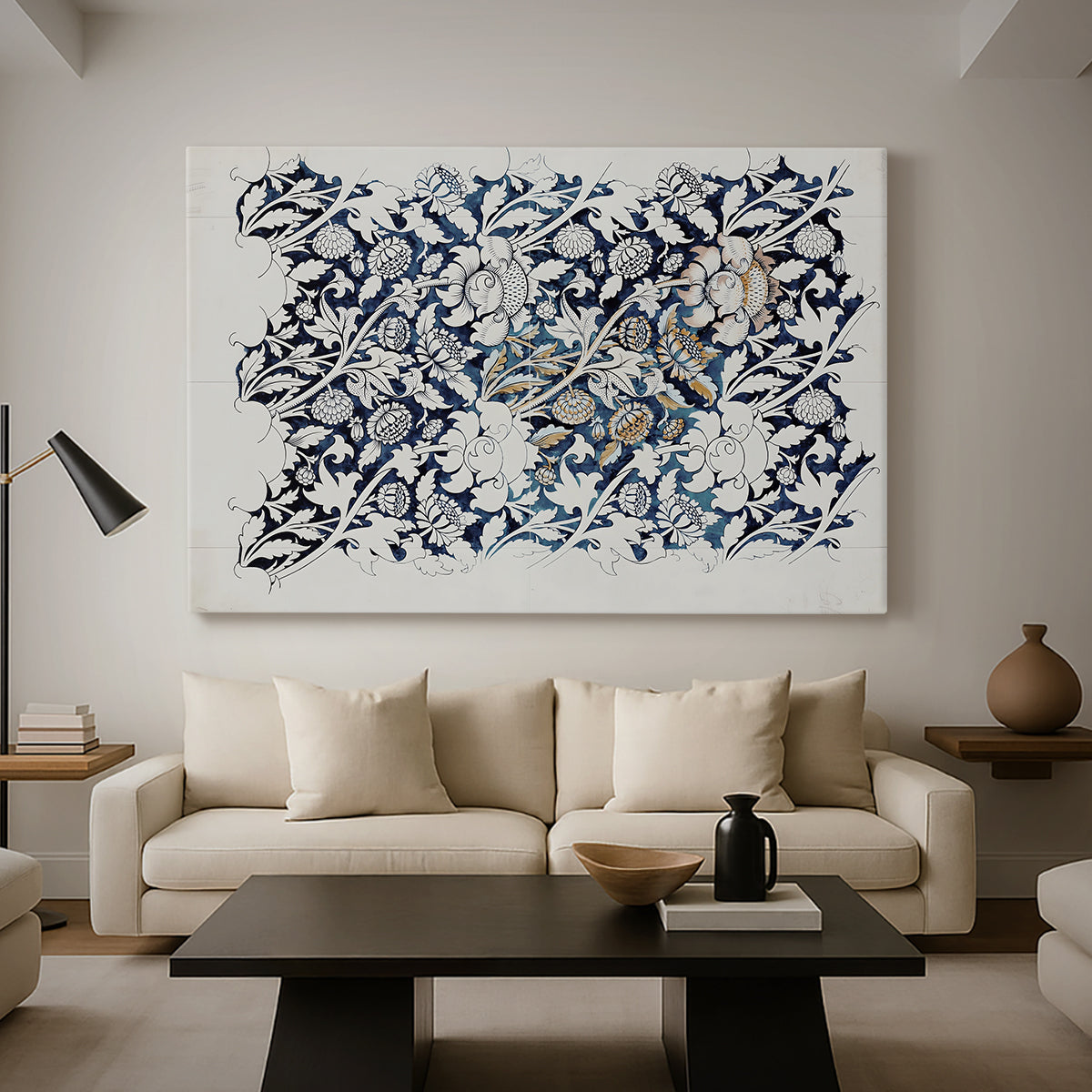 Canvas art print featuring a decorative composition featuring branching stems and leaves, displayed in a spacious living room