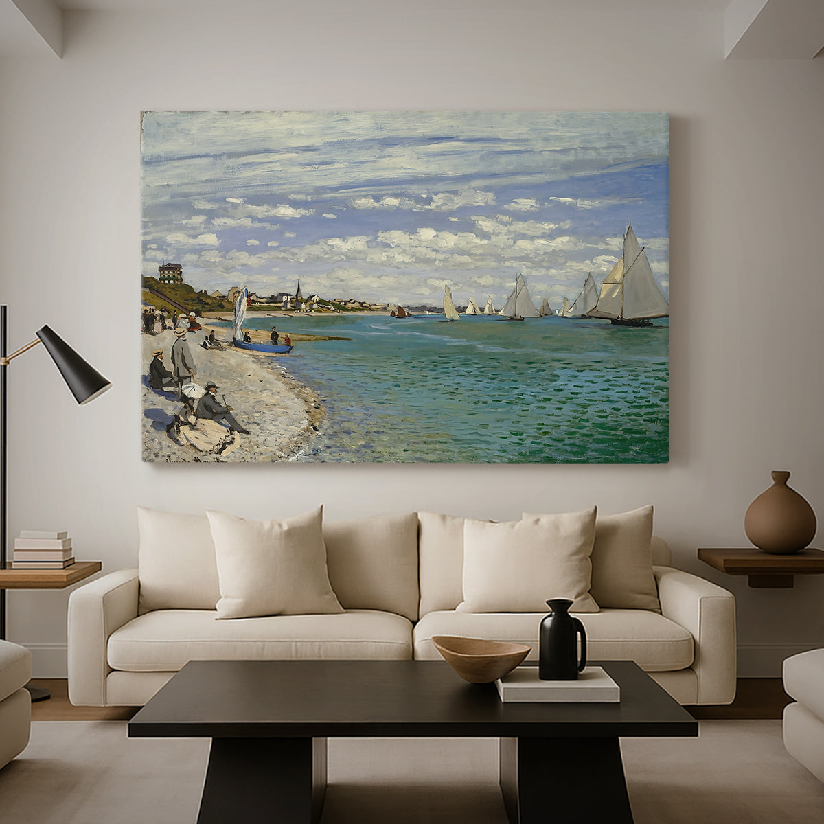 Canvas art print featuring an impressionist coastal view with colorful sails and shoreline activity, displayed in a spacious living room