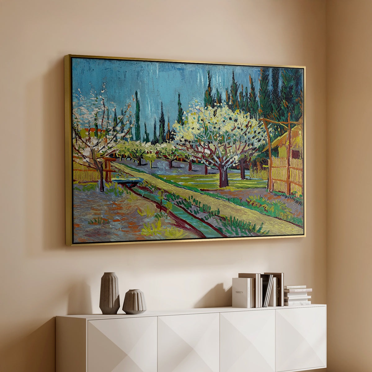 Orchard in Blossom, Bordered by Cypresses, 1888 - Floater Framed Canvas Print