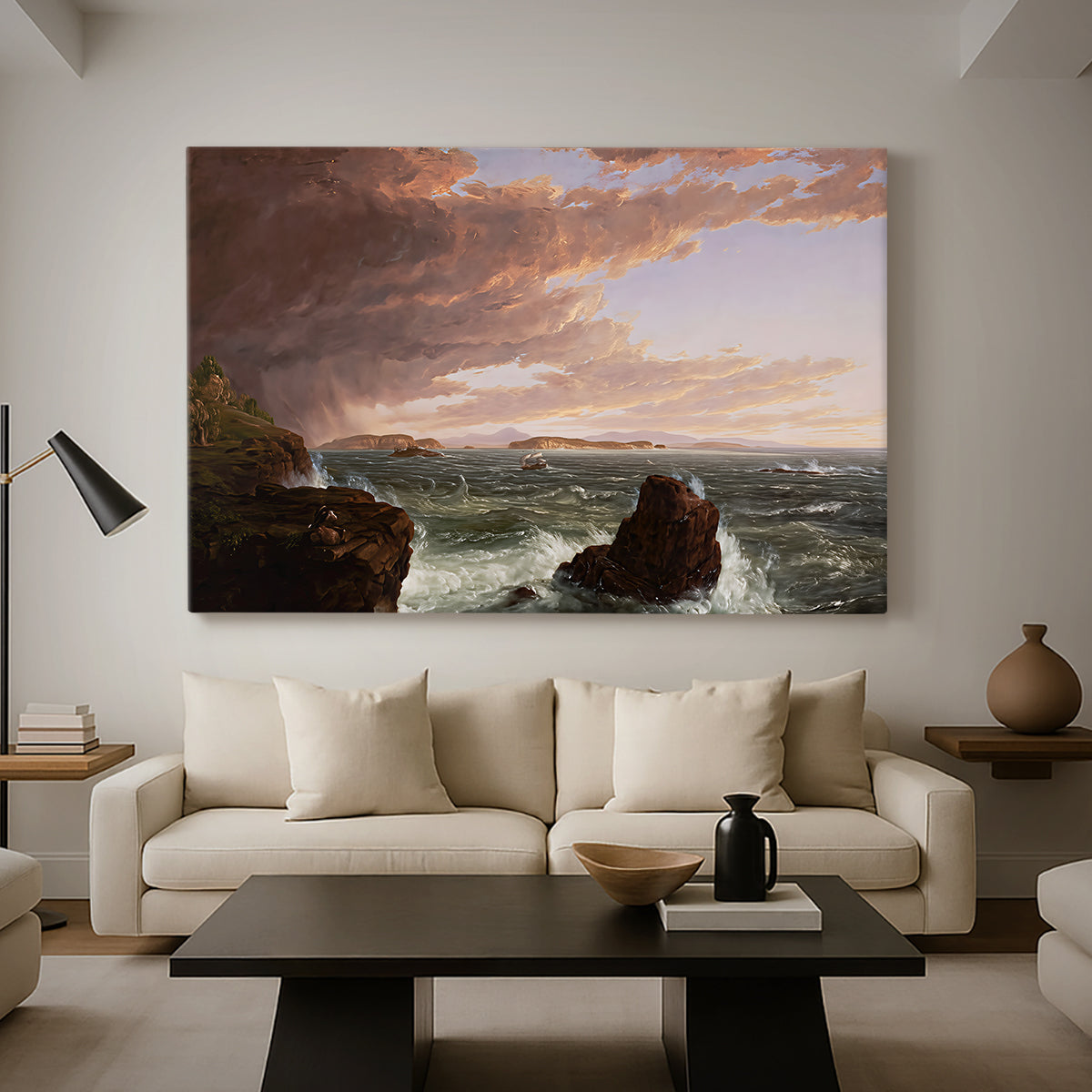 Canvas art print featuring a romantic coastal composition with shifting weather, displayed in a spacious living room
