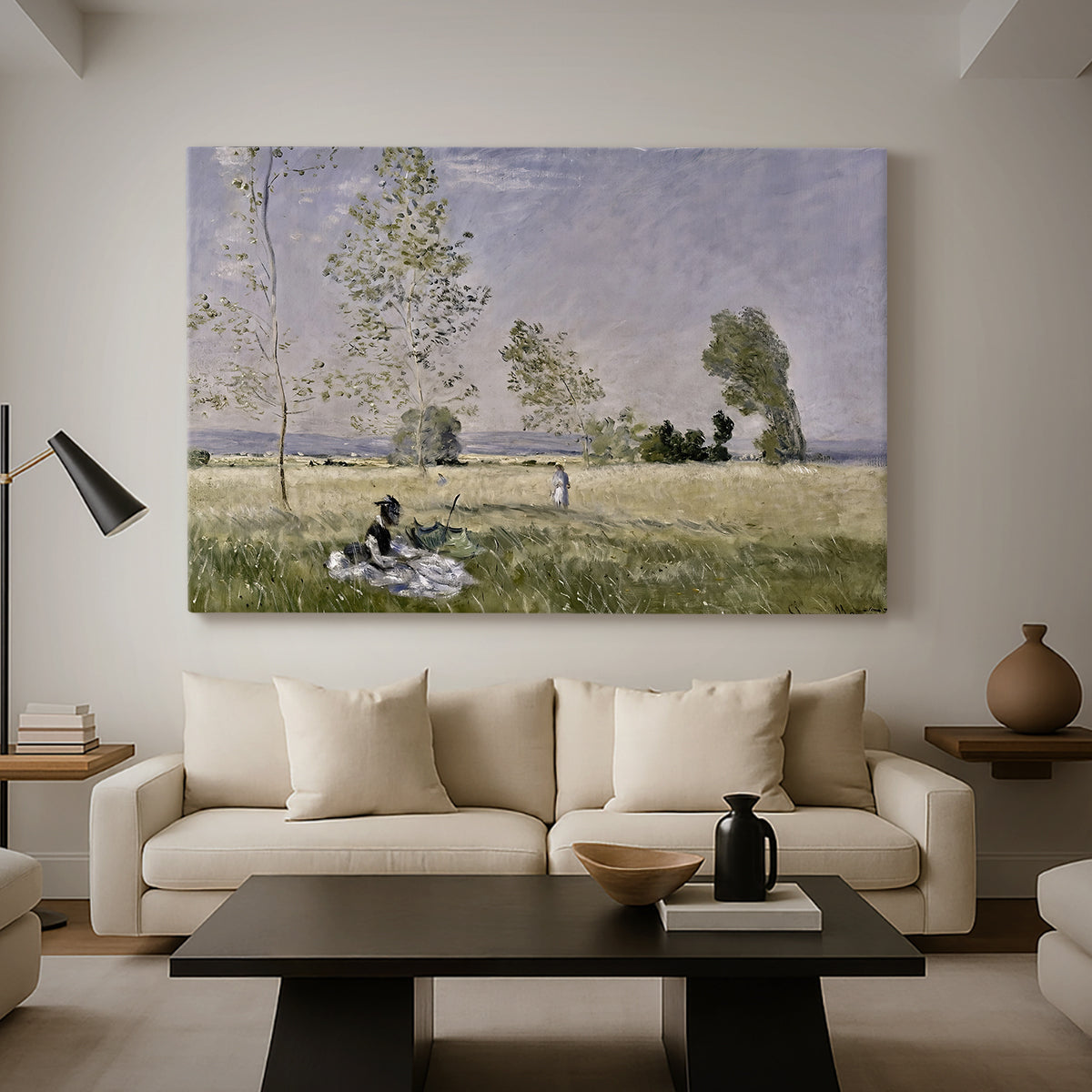Canvas art print featuring a sunlit meadow with woman surrounded by greenery, displayed in a spacious living room