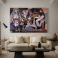 Canvas art print featuring an expressive scene with geometric figures, displayed in a spacious living room