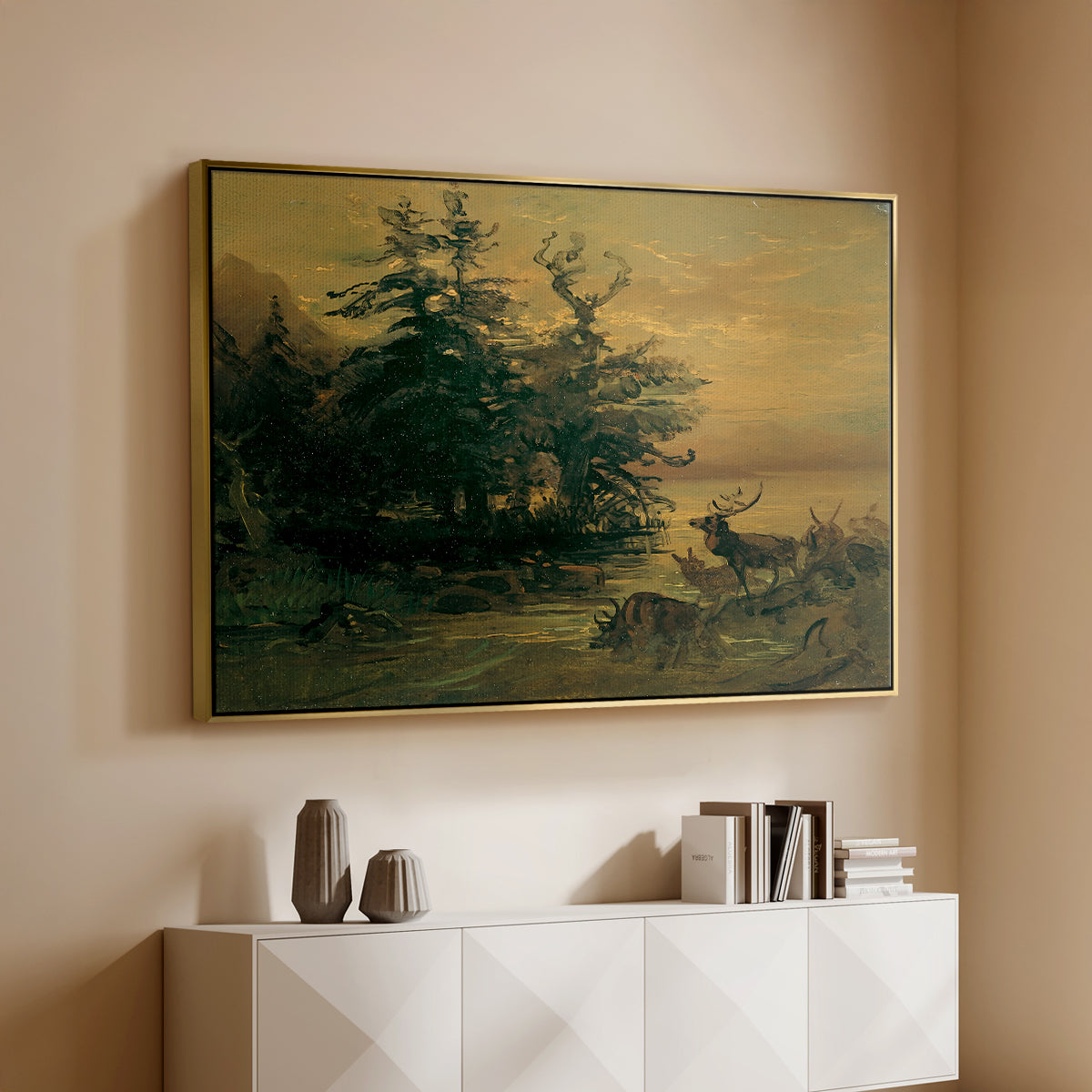 Wallowing Deer on the Shore of a Mountain Lake, c. 1850 - Floater Framed Canvas Print