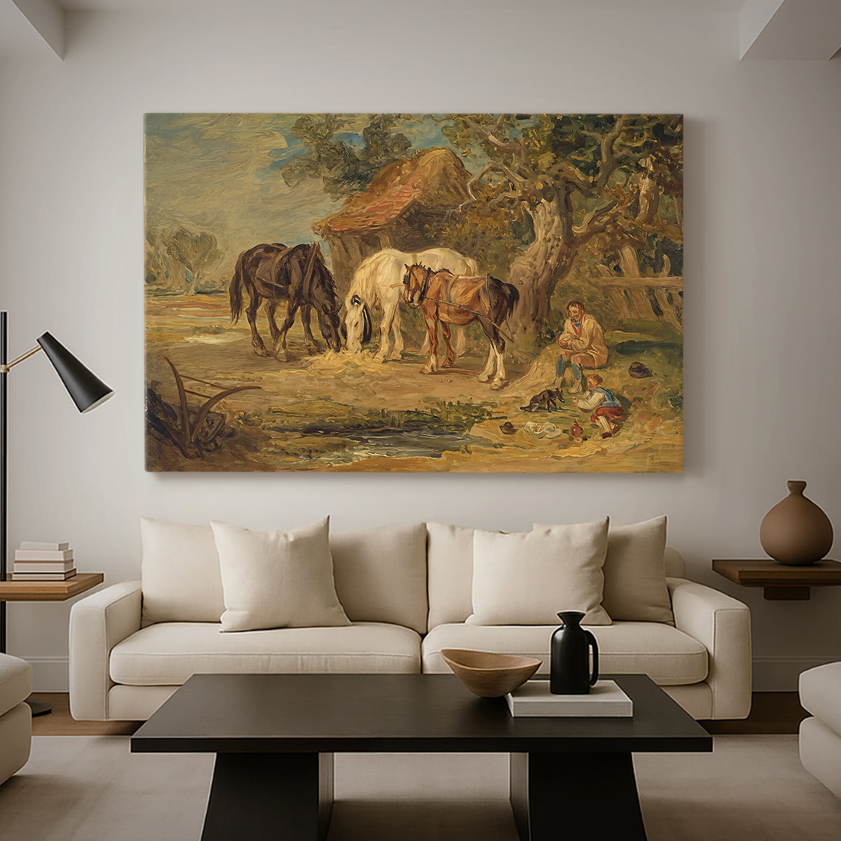 Canvas art print featuring a countryside composition showing livestock during feeding, displayed in a spacious living room