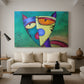 Canvas art print featuring an abstract animal with bright colors, displayed in a spacious living room