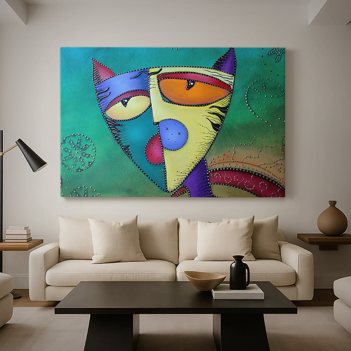 Canvas art print featuring an abstract animal with bright colors, displayed in a spacious living room