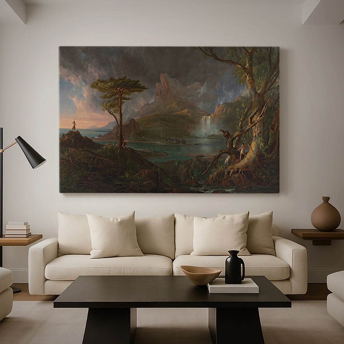 Canvas art print featuring an expressive composition emphasizing raw landscape features, displayed in a spacious living room