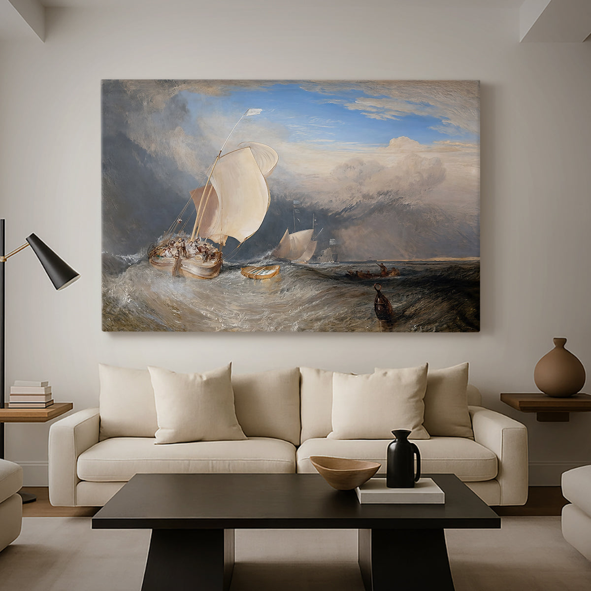 Canvas art print featuring a maritime scene with boats and people gathered along shoreline, displayed in a spacious living room