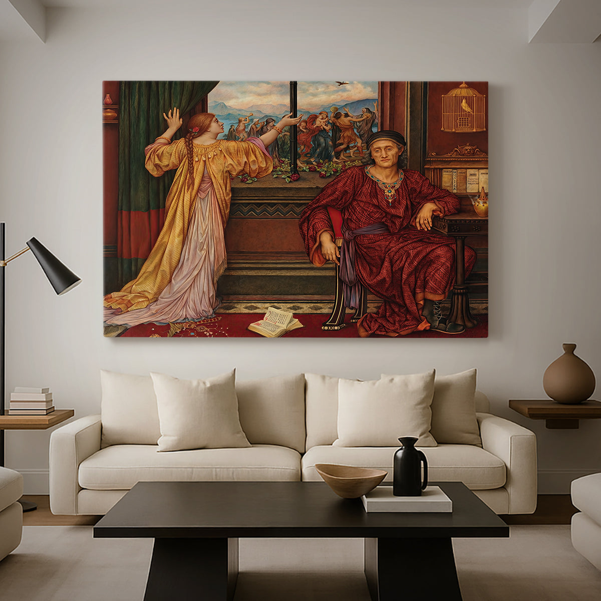 Canvas art print featuring an interior composition with woman and gilded elements suggesting restriction, displayed in a spacious living room