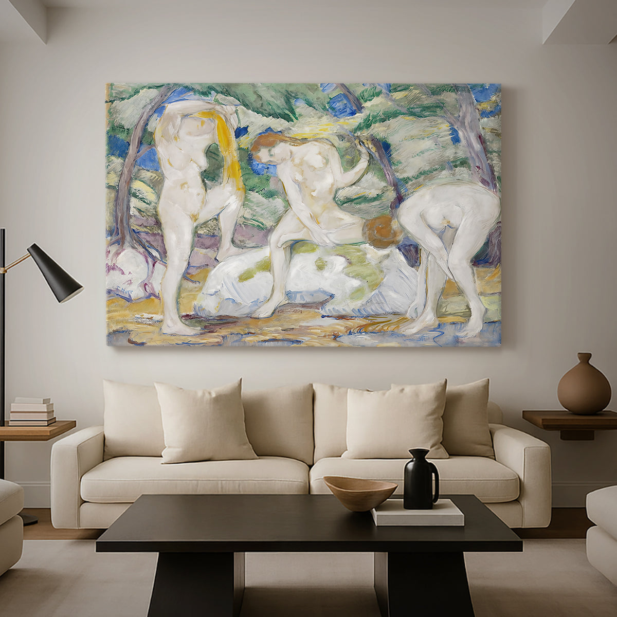 Canvas art print featuring a stylized depiction of bathers with bold colors and simplified shapes, displayed in a spacious living room