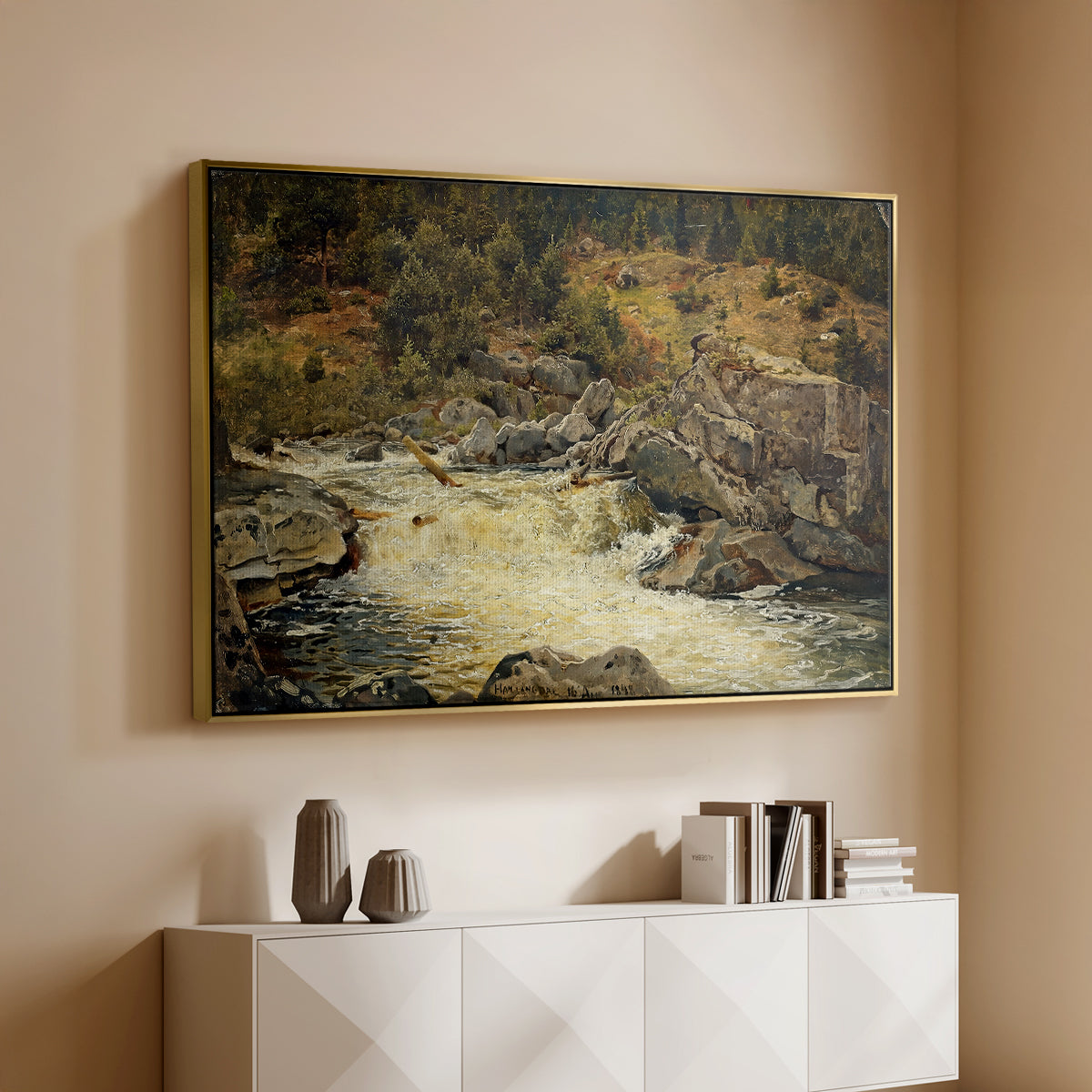 Waterfall in Hallingdal, 1848 - Floater Framed Canvas Print