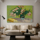 Canvas art print featuring a post-impressionist still life combining flowers and reading materials, displayed in a spacious living room