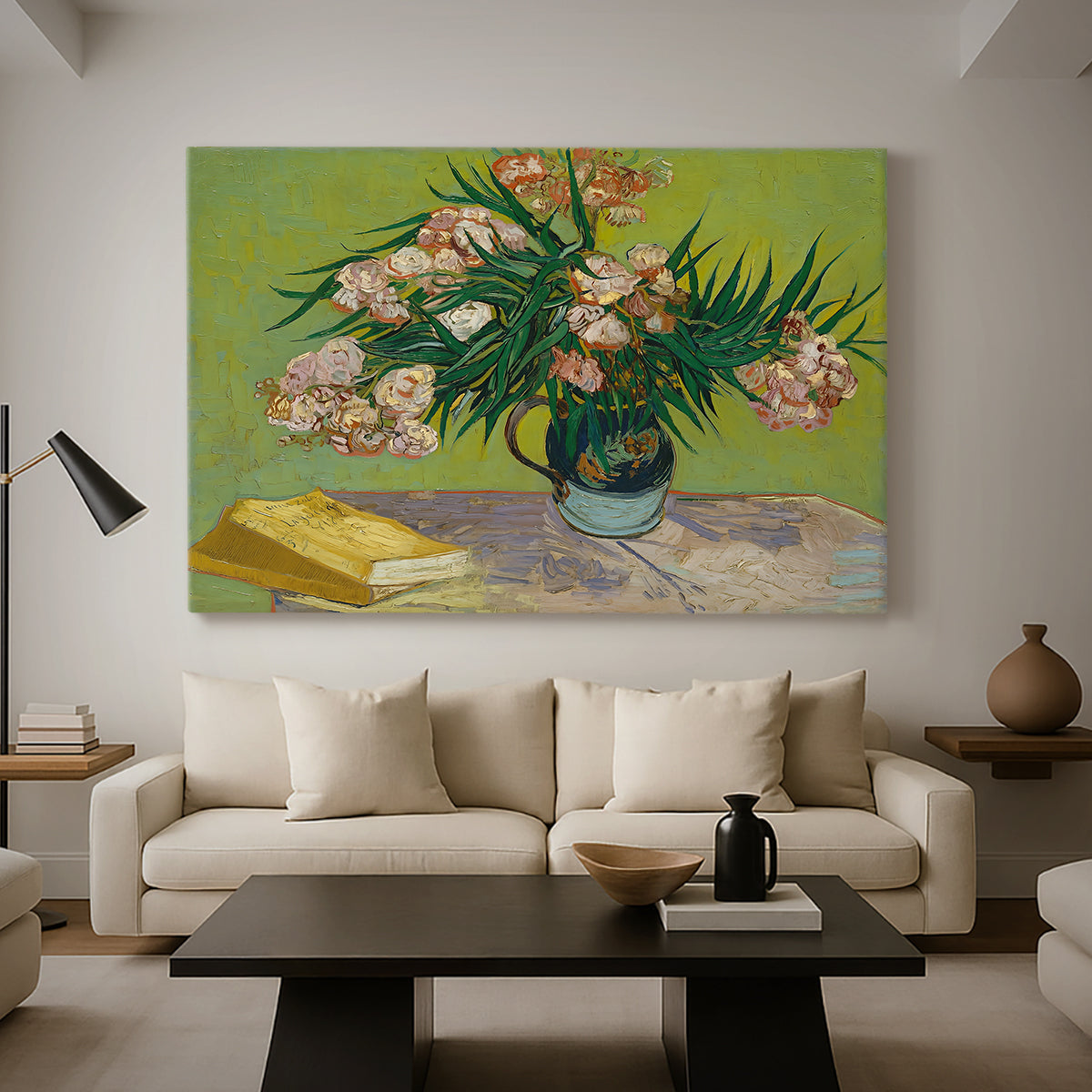 Canvas art print featuring a post-impressionist still life combining flowers and reading materials, displayed in a spacious living room