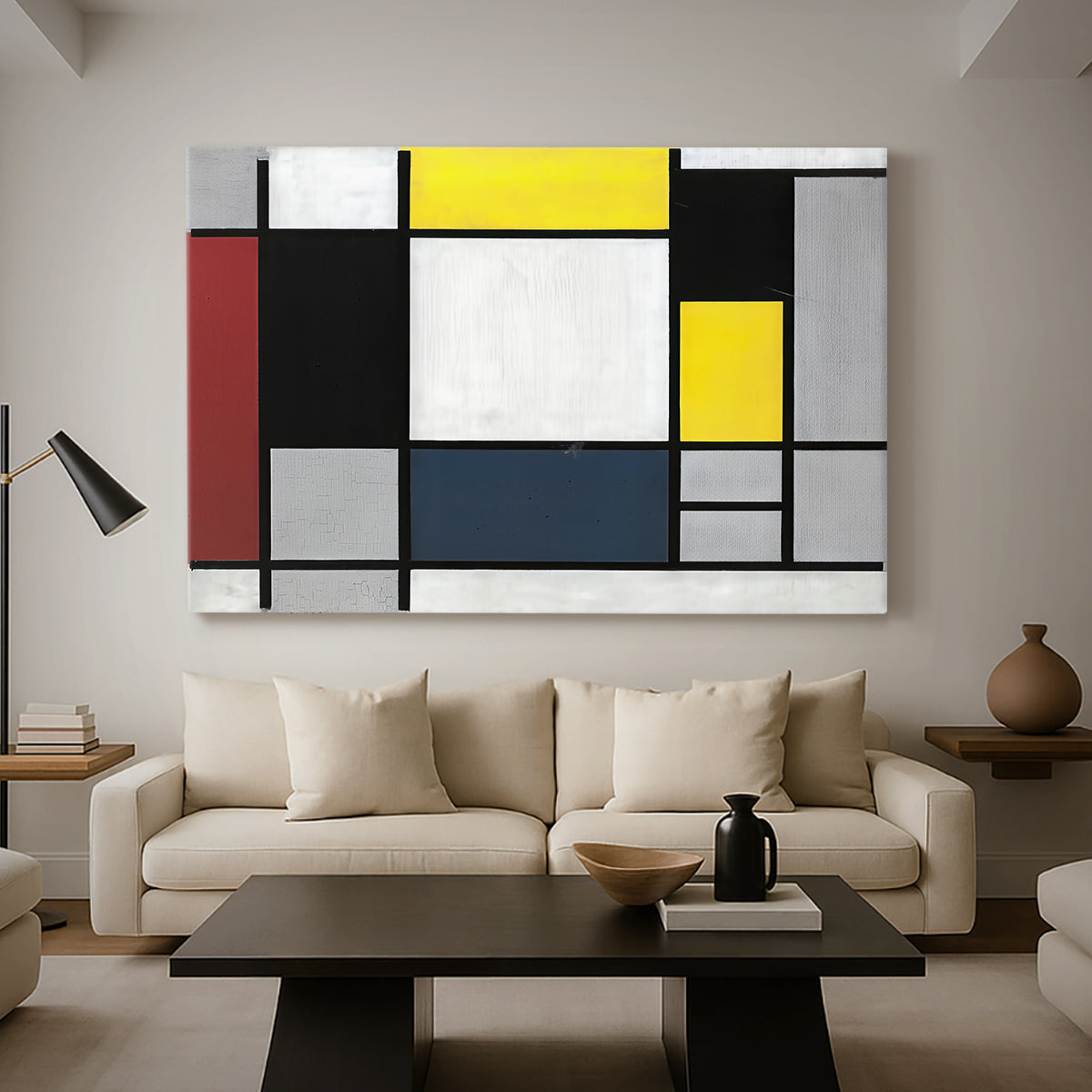 Canvas art print featuring a minimalist design using intersecting lines and planes, displayed in a spacious living room