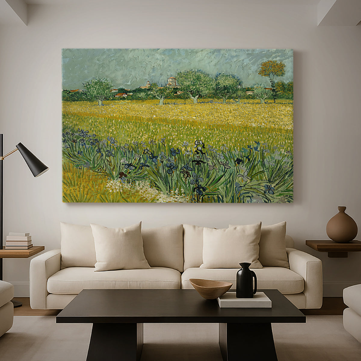 Canvas art print featuring a post-impressionist countryside scene with flowers and terrain, displayed in a spacious living room