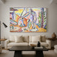 Canvas art print featuring a pointillist-inspired leisure scene in a colorful natural setting, displayed in a spacious living room