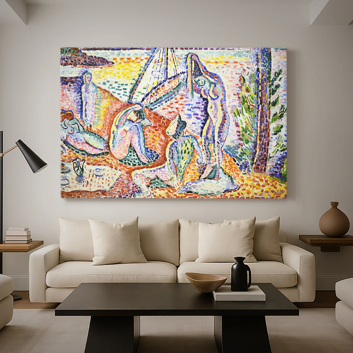 Canvas art print featuring a pointillist-inspired leisure scene in a colorful natural setting, displayed in a spacious living room