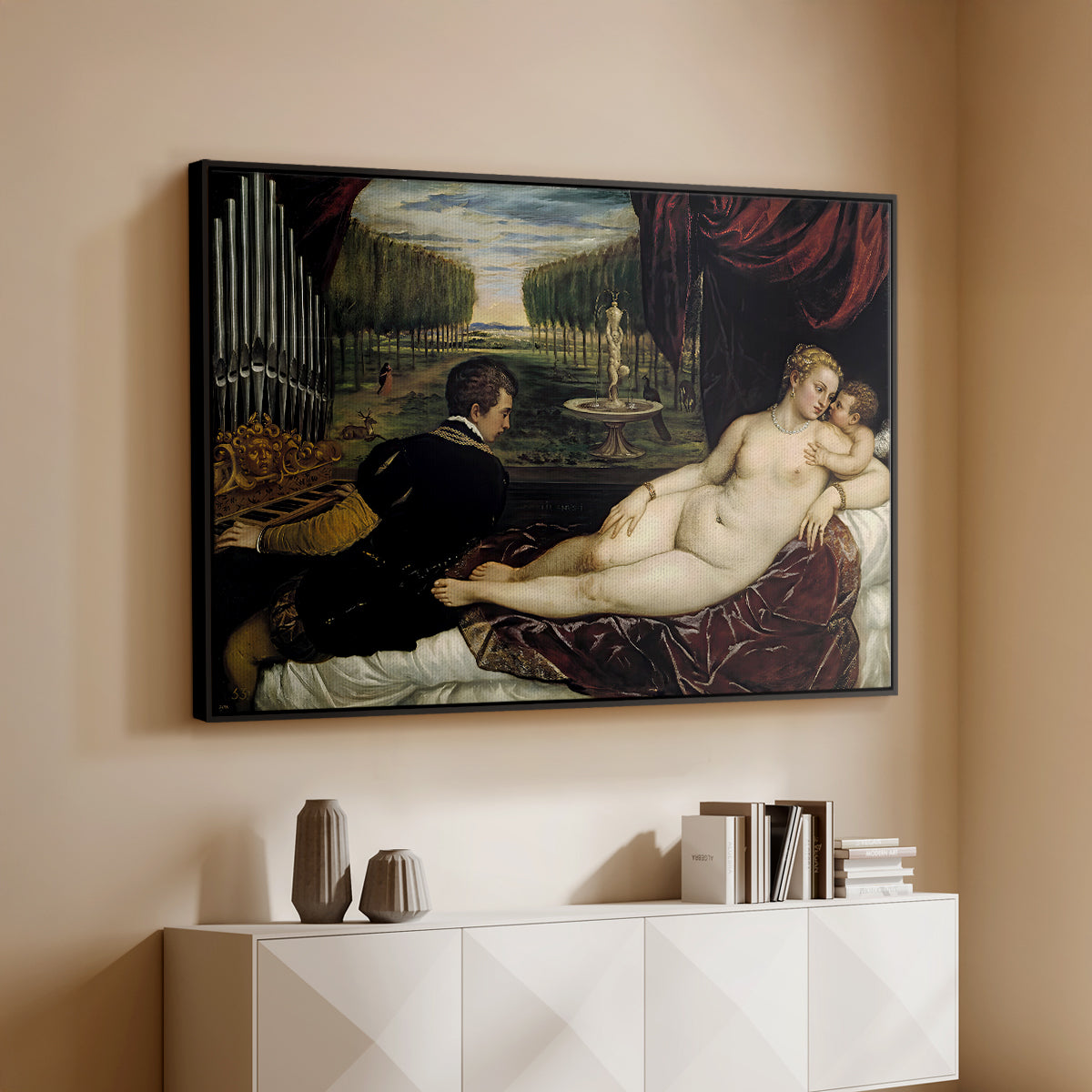 Venus with an Organist and Cupid, c. 1555 - Floater Framed Canvas Print