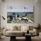 Canvas art print featuring a vibrant garden scene with colorful blooms and distant sea, displayed in a spacious living room