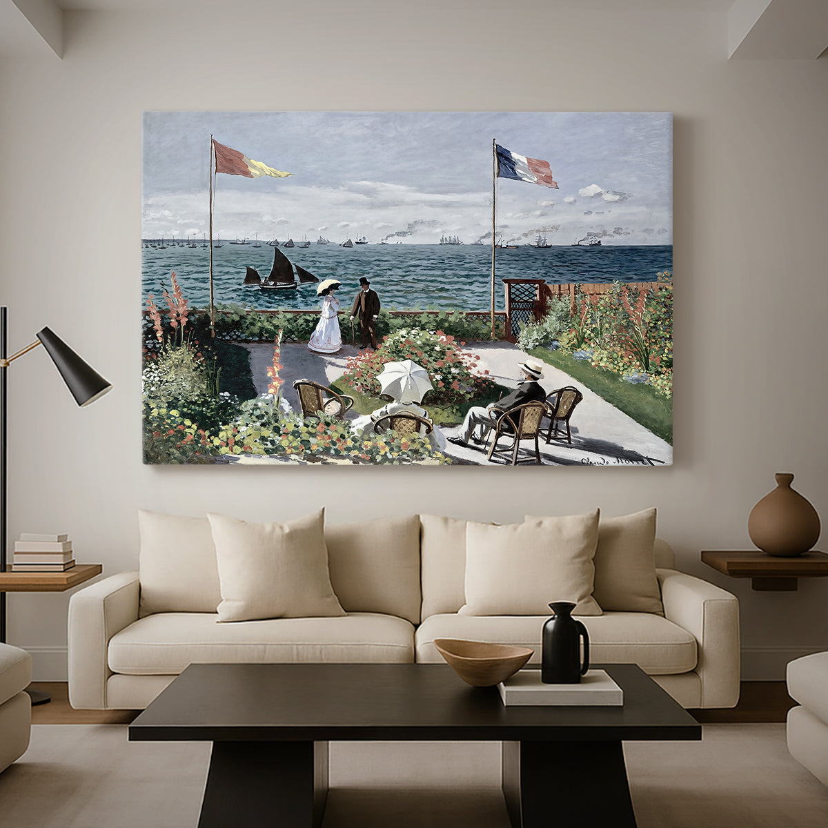 Canvas art print featuring a vibrant garden scene with colorful blooms and distant sea, displayed in a spacious living room