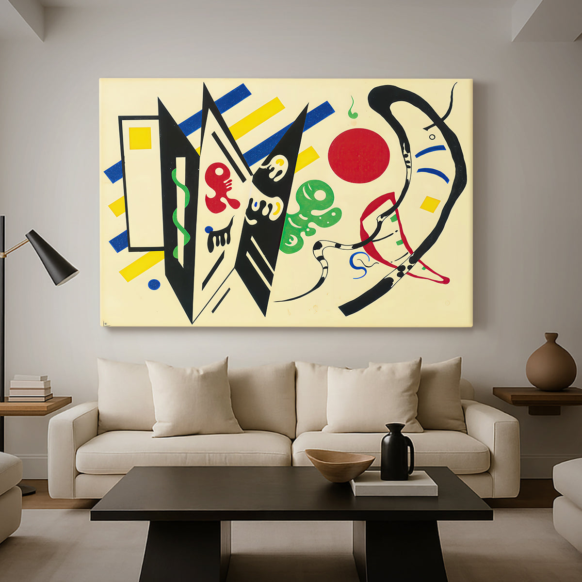 Canvas art print featuring a geometric abstraction emphasizing structure and contrast, displayed in a spacious living room