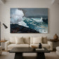 Canvas art print featuring a coastal composition emphasizing force of wind and waves, displayed in a spacious living room