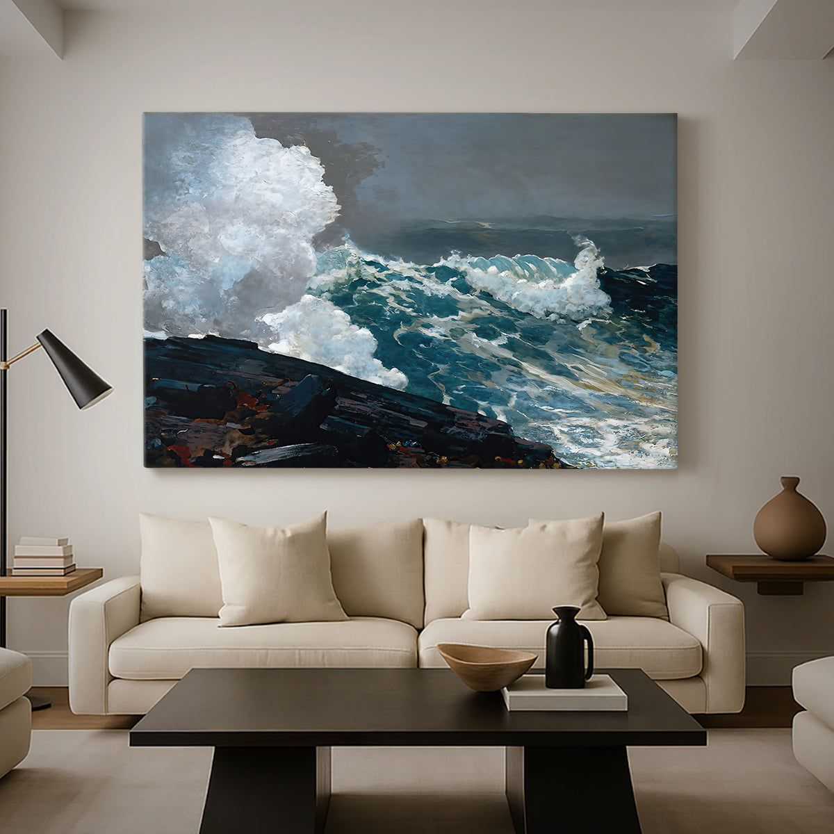 Canvas art print featuring a coastal composition emphasizing force of wind and waves, displayed in a spacious living room