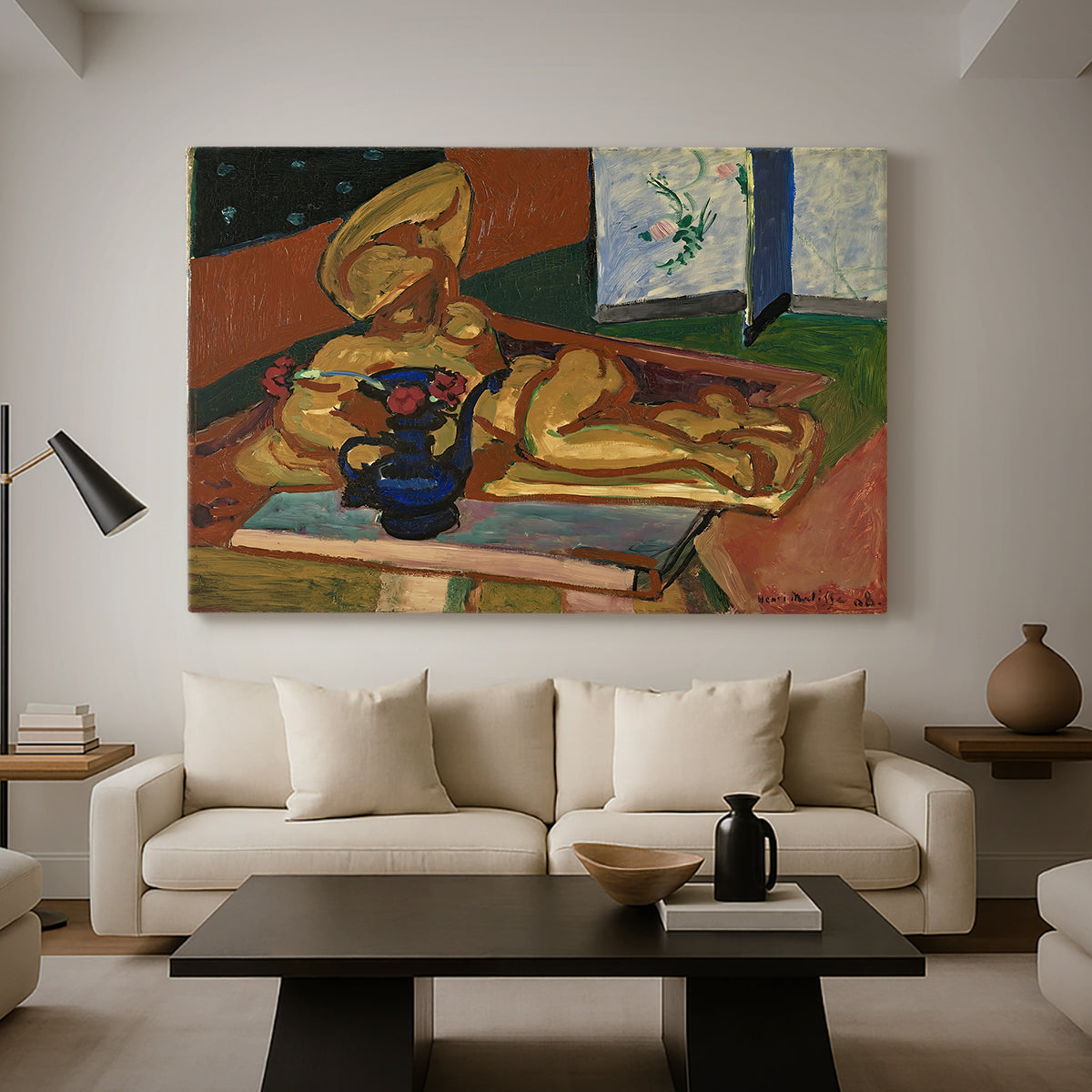 Canvas art print featuring a Fauvist still life combining a bronze figure and patterned vase, displayed in a spacious living room