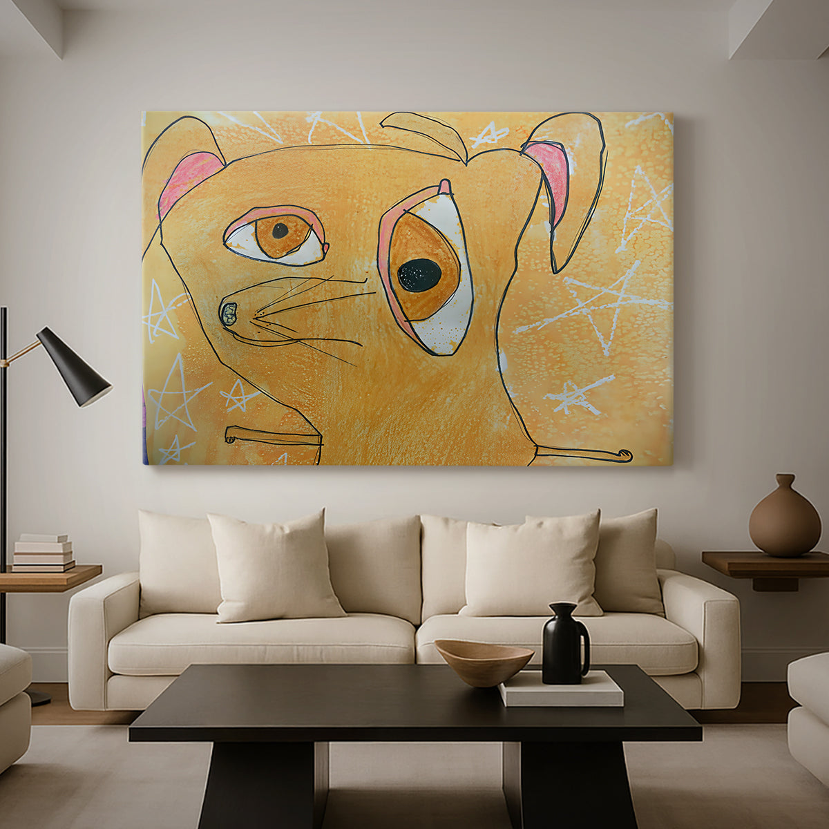 Canvas art print featuring an abstract composition with symbols, displayed in a spacious living room