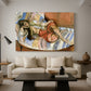 Canvas art print featuring a stylized reclining female figure in an ornate interior, displayed in a spacious living room