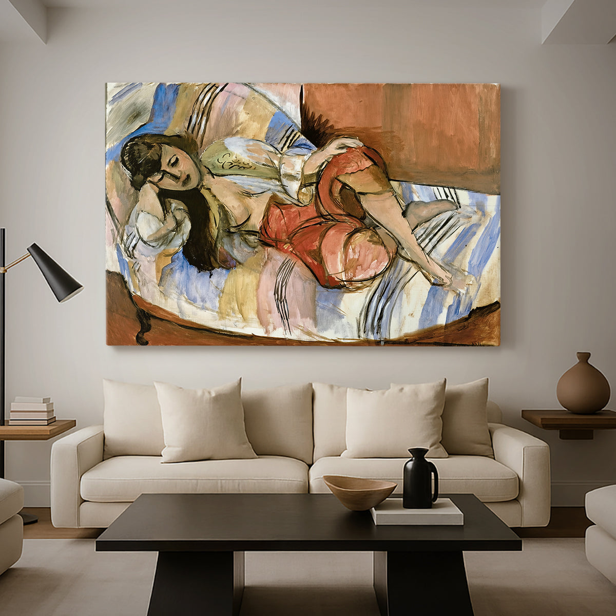 Canvas art print featuring a stylized reclining female figure in an ornate interior, displayed in a spacious living room