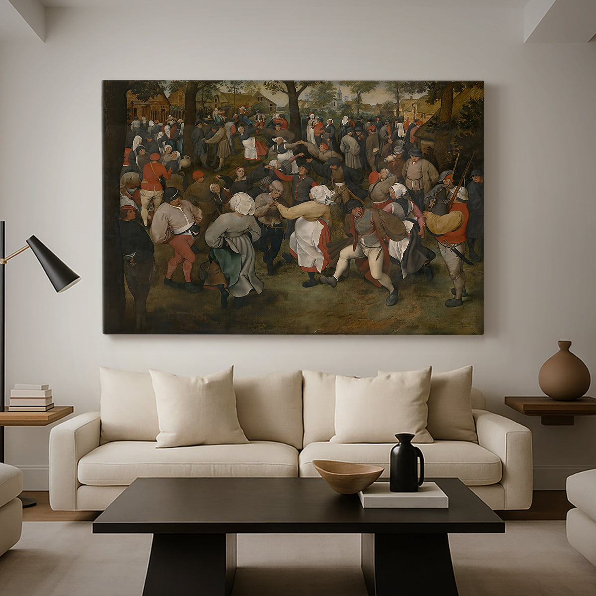Canvas art print featuring an expressive depiction of communal celebration in village setting, displayed in a spacious living room