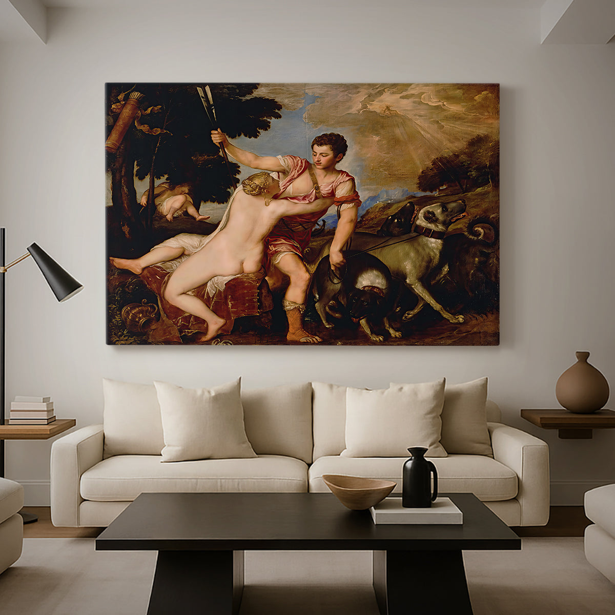 Canvas art print featuring an emotional figure composition with hunting dogs and movement, displayed in a spacious living room