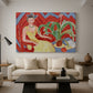 Canvas art print featuring a stylized seated female figure in strong warm tones, displayed in a spacious living room