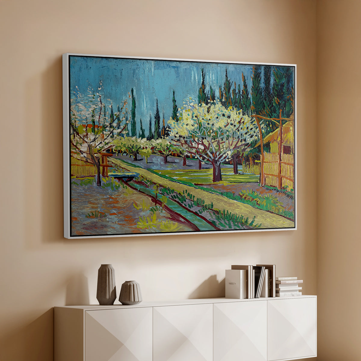Orchard in Blossom, Bordered by Cypresses, 1888 - Floater Framed Canvas Print