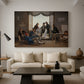 Canvas art print featuring a portrait of artists seated and standing together in interior spac, displayed in a spacious living room