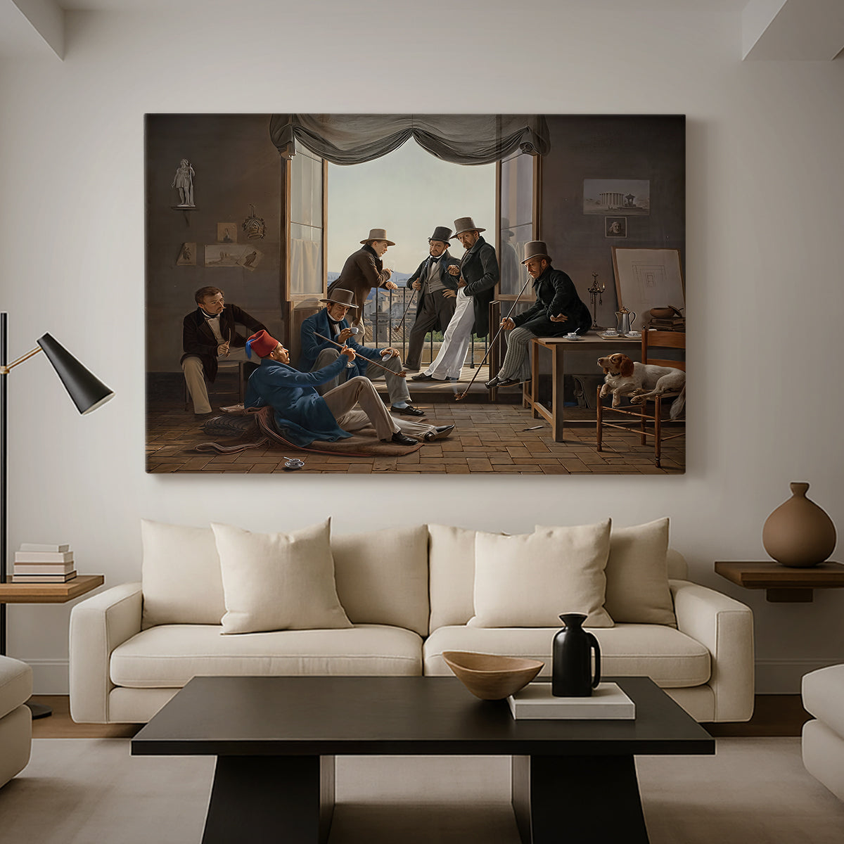 Canvas art print featuring a portrait of artists seated and standing together in interior spac, displayed in a spacious living room