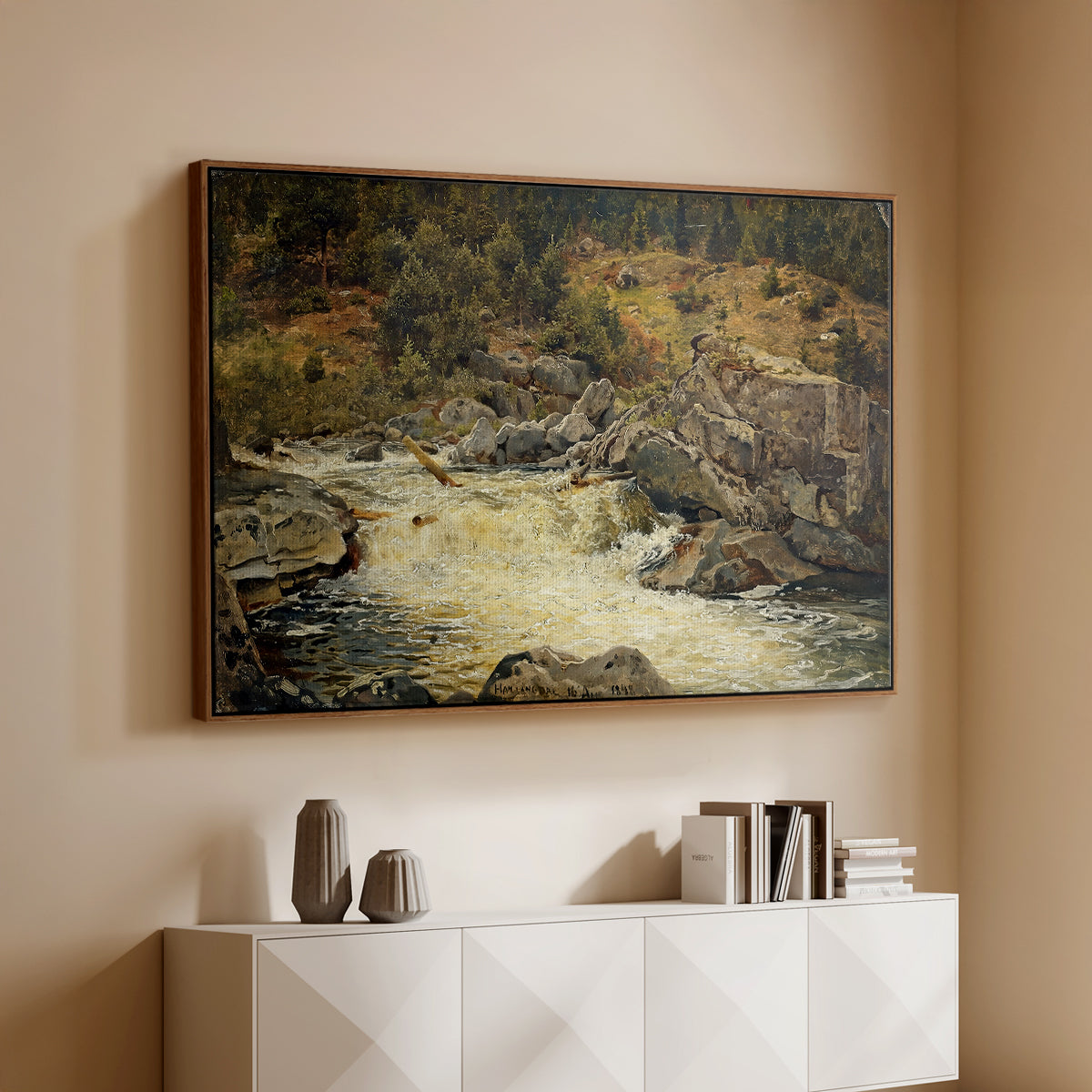 Waterfall in Hallingdal, 1848 - Floater Framed Canvas Print