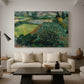 Canvas art print featuring a post-impressionist scene emphasizing color contrast, displayed in a spacious living room