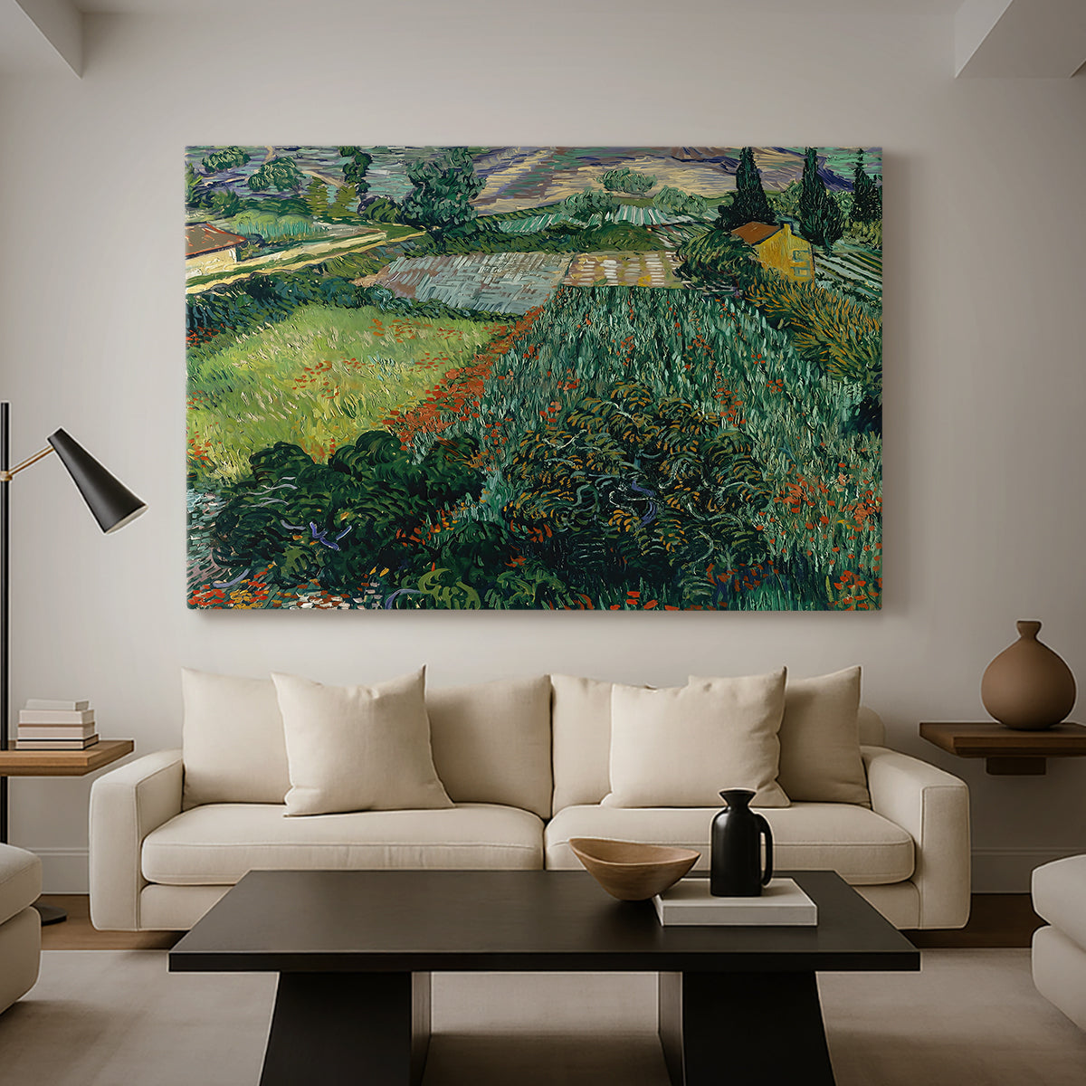 Canvas art print featuring a post-impressionist scene emphasizing color contrast, displayed in a spacious living room
