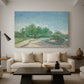 Canvas art print featuring a post-impressionist park scene with structured layout, displayed in a spacious living room