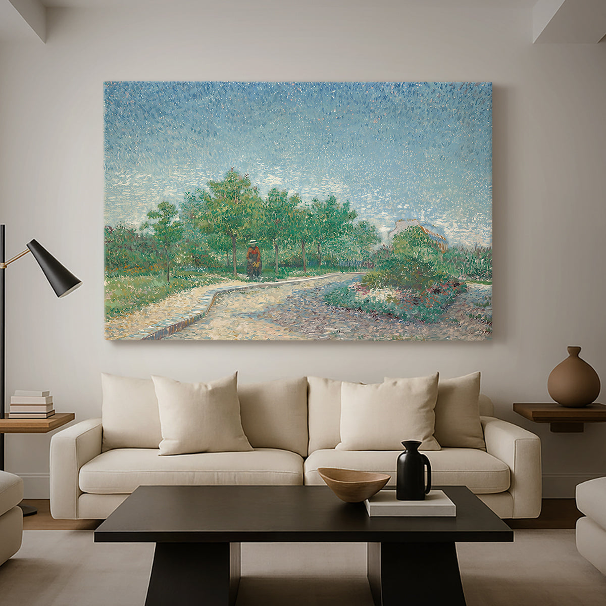 Canvas art print featuring a post-impressionist park scene with structured layout, displayed in a spacious living room