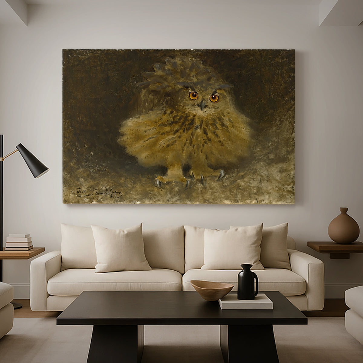 Canvas art print featuring a bird of prey resting on tree branch with textured feathers, displayed in a spacious living room