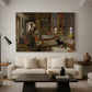 Canvas art print featuring a Victorian depiction of indoor gathering, displayed in a spacious living room