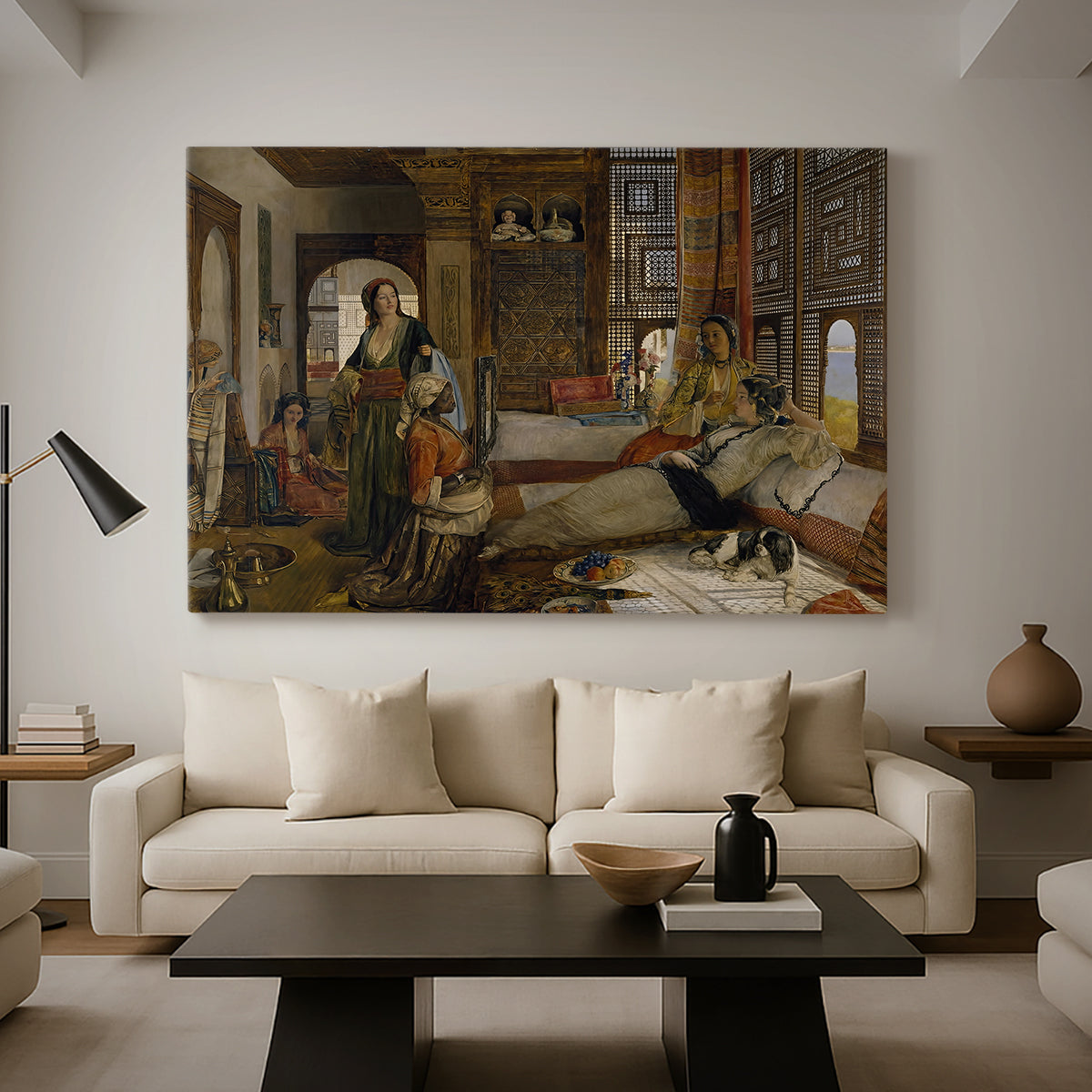 Canvas art print featuring a Victorian depiction of indoor gathering, displayed in a spacious living room