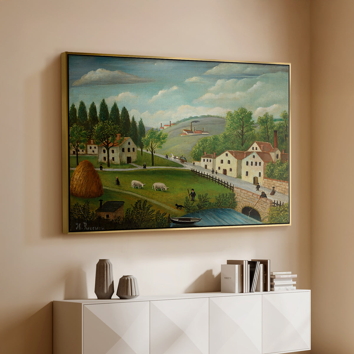 Pastoral Landscape with Stream, Fisherman and Strollers, 1875-1880 - Floater Framed Canvas Print